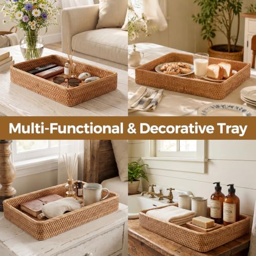 Rattan Serving Tray, Woven Wicker Rectangle Tray Basket for Organizing - Image 4