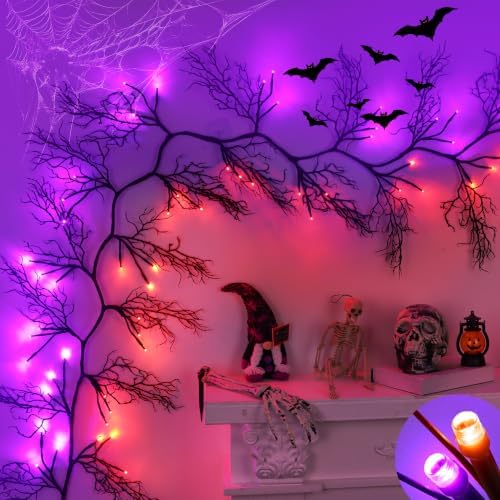 9Ft Lighted Halloween Garland Decorations Indoor, 66 LED Orange & Purple Lights Willow Vine Twig Black Halloween Garland with 8 Mode & Timer, Battery Operated Halloween Decor for Mantel Fireplace Home by Envotek