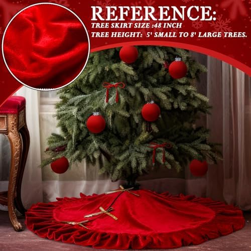 Velvet Christmas Tree Skirt, 48 Inches, Bow Style, Bright Red - Image 5