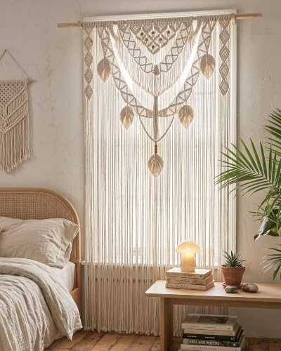 BECHAEO Boho Macrame Curtain with Leaves Tassels, 2PCS 39" x 79" White C - Image 3