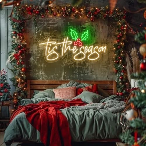 Tis The Season Holly Leaf Neon Sign, Custom Christmas Winter Season LED Neon Light, Home Wall Decor, Thanksgiving Xmas Holiday Party Decor Christmas Gift by Unknown