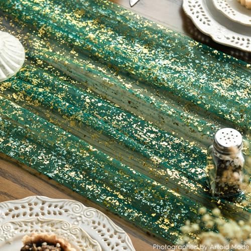 Artoid Mode Green Gold Gauze Table Runner 120 Inch 10Pcs, Glitter Metallic Foil Sheer Dining Wedding Anniversary Holiday Table Decor for Home Party - Image 5