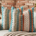 AmHoo Set of 2 Chenille Tufted Striped Textured Boho Throw Pillow Covers Aesthetic Woven Decorative Pillow Case for Couch Bed Sofa Bedroom Modern Funky 18 x 18-Inch Turquoise Multicolor - Image 2