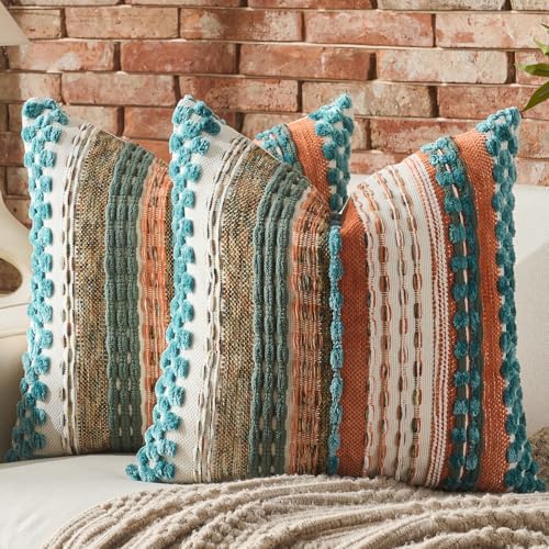 AmHoo Set of 2 Chenille Tufted Striped Textured Boho Throw Pillow Covers Aesthetic Woven Decorative Pillow Case for Couch Bed Sofa Bedroom Modern Funky 18 x 18-Inch Turquoise Multicolor - Image 2