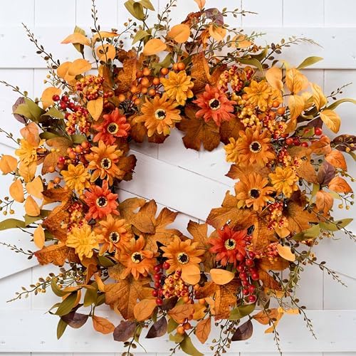 Artificial Fall Wreath 22 Inch Fall Wreaths for Front Door with Orange Berries Daisies Eucalyptus Leaves Autumn Door Wreaths for Thanksgiving Harvest Festival Wall Porch Farmhouse by MAINGKAUNG