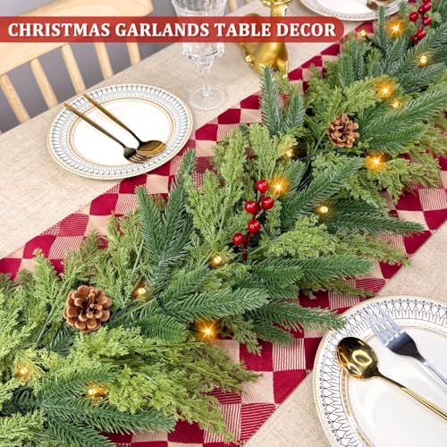 Prelit 50LED - 9 Ft by 12 Inch Christmas Garland with Lights Timer, Real Touch Norfolk Pine Cedar Garland 150 Cypress & 50 Norfolk PE Tips Berries Pine Cones for Indoor Fireplace Mantle Table Decor - Image 2