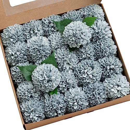 Ling's moment Dusty Blue Artificial Dahlias, Wedding Flowers, 25 pcs by LingsMoment