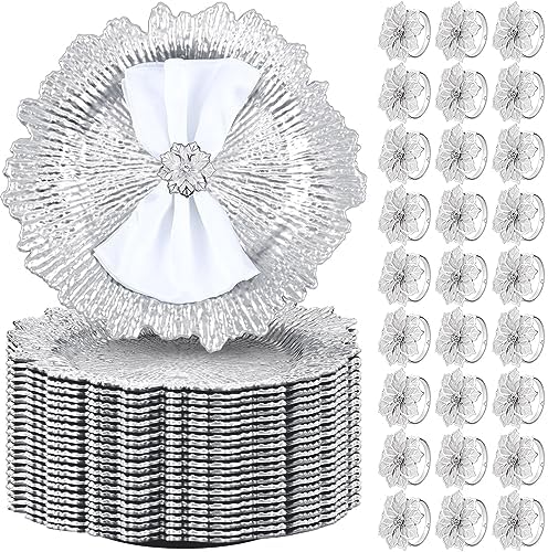 Dandat 100 Pcs Charger Plate Bulk 13'' Floral Reef Plates with Napkin Ring 50 Plastic Dinner Charger Plate 50 Flower Napkin Holder for Table Setting Wedding Party (Silver) by Dandat