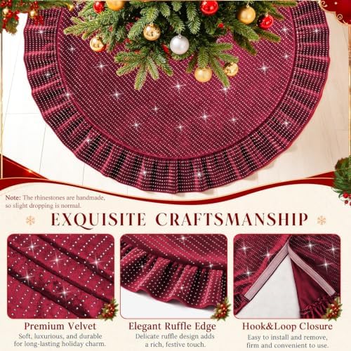 Christmas Tree Skirt Burgundy 60 Inch, Sequin Tree Skirt, Ruffled Design - Image 4