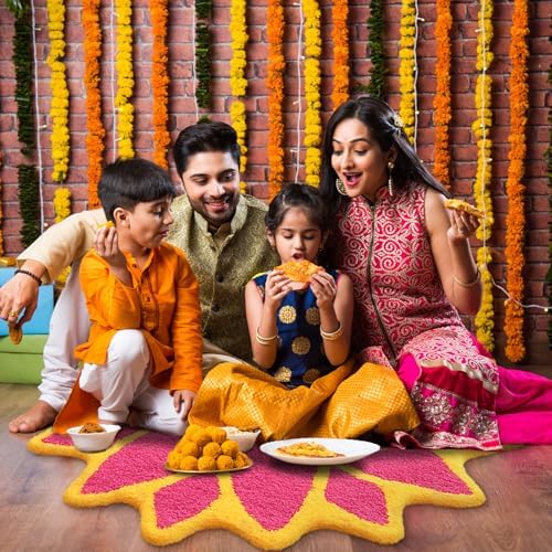 Drydiet 35in Diwali Decorations for Home Floral Rangoli Mat Indian Diwali Lotus Decor Pooja Floral Housewarming Floor Decor Rangoli Mat for Indian Traditional Pooja Festival New Year Entrance Gift - Image 5
