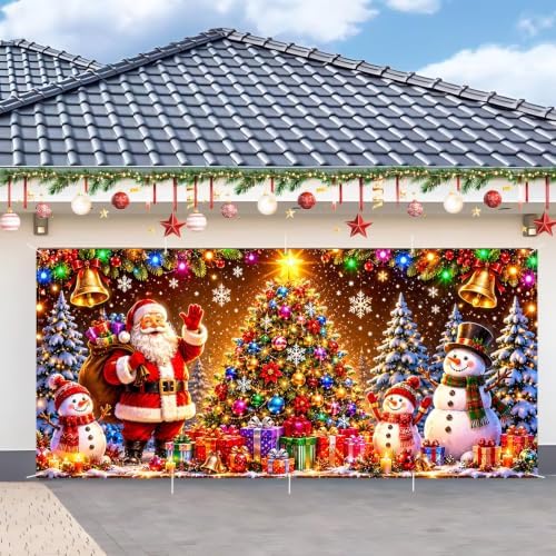 7x16FT Christmas Tree Snowman Garage Door Cover Decorations Merry Christmas Garage Door Banner for Outdoor Indoor Christmas Decorations Party Photography Backdrop by ANNAQUEEN