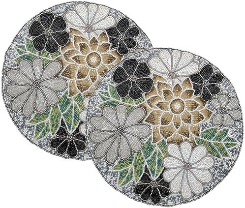 Beaded Round Placemats for Dining Table Flowe Design Silver Multi Set of 2-13 Inches Round for Gathering, Christmas, Thanksgiving - Occasional Decoration by byHomeDecorativeProduct