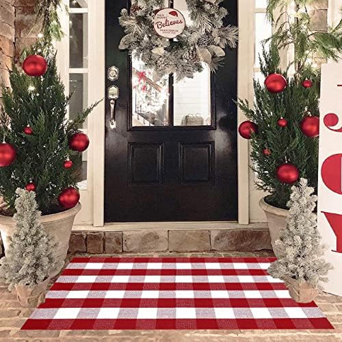 Christmas Red and White Plaid Rug, 3' x 5' Cotton Hand-Woven Layered Door Mat for Front Porch, Entryway, Outdoor Holiday Decor, Washable Buffalo Check Rug for Home, Patio, Kitchen - Image 6