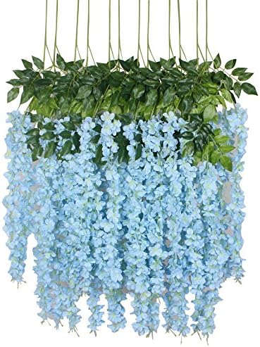 Duovlo 12 Piece Artificial Silk Wisteria Vine 3.6 Feet Hanging Flower Garland String Home Party Wedding Decor (Light Blue) by Duovlo