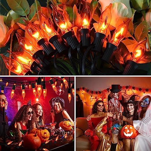 27.8Ft Fall Decor Flickering Flame String Lights Orange Halloween Lights with 25+2 Pack C7 Orange Flame Light Bulbs, Flame String Lights for Fall Halloween Decorations for Home Mantel Party Garden - Image 5