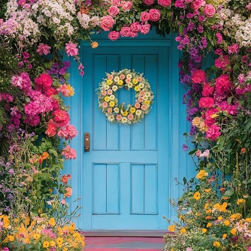 22 Inch Spring Summer Daisy Wreath for Front Door, Pastel Color Floral Wreath with Lamb's Ear Leaves &Berries,Handcrafted Farmhouse Wildflower Wreath for Wall, Window, Wedding Home Decor - Image 3