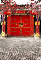 AOFOTO 6x8ft Lunar New Year Backdrop Chinese New Year Decorations Spring Festival Couplets Backgrounds China Red Gate Courtyard Firecrackers Lantern Bloom Plum Flowers Backdrop Family Portrait Props - Image 2