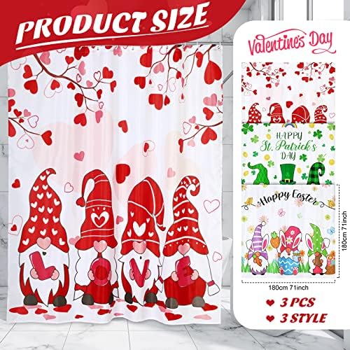 Remerry 3 Pcs Easter Shower Curtain for Bathroom Decor with Hooks St Patrick's Day Valentine's Day Holiday Shower Curtains Set,71 x 71 Inch,Waterproof Fabric Bathtub Bathroom Decor(Gnome Style) - Image 2