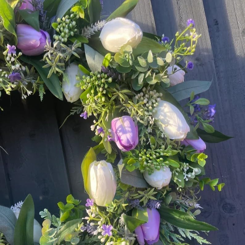 Spring Summer Tulip Wreath for Front Door 18 Inch Artificial Colorful Flower Wreath for Indoor Outdoor Wall Festival Easter Home Farmhouse Wedding Decor (Green + Purple) - Image 3