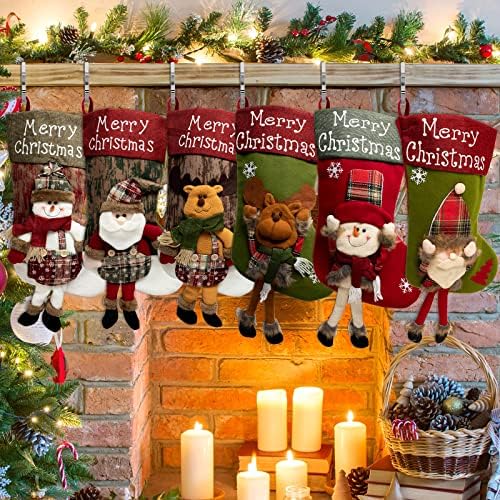 Foaincore Vintage Christmas Stocking 6 Pack 18 Inches with 6 Pieces Zinc Alloy Stocking Holders Fireplace Adjustable Holders for Family Holiday Mantel(Christmas Style) by Foaincore