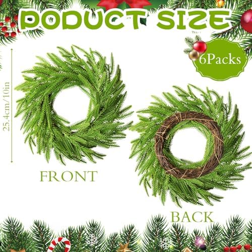 6 Pcs Christmas DIY Green Wreath 10 Inch Artificial DIY Faux Plain Wreaths Front Door Green Farmhouse Cabinets Indoor Outdoor Wall Decor(Norfolk Pine) - Image 2
