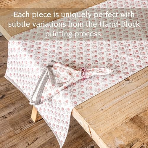 Over&Back 18x90 Hand-Blocked Printed Cotton Table Runner - Washable Table Runners for a Custom Home Decor Tablescape - Perfect for Coffee Table, Dinner Table, Living Room, and More - Pink Bloom - Image 3