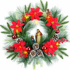 YULETIME 20" Pre-Lit Poinsettia Nativity Wreath, 10 Lights Battery Powered by YULETIME