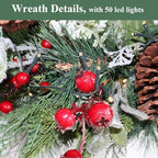 24” Lighted Large Pine Christmas Wreath with Red Berry– Mixed with Fake Norfolk Cypress Cedar Lamb Ear & Pinecone, Xmas Winter Wreaths for Front Door Porch Mantel & Fireplace (50 LED Lights) - Image 5