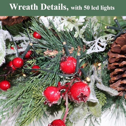 24” Lighted Large Pine Christmas Wreath with Red Berry– Mixed with Fake Norfolk Cypress Cedar Lamb Ear & Pinecone, Xmas Winter Wreaths for Front Door Porch Mantel & Fireplace (50 LED Lights) - Image 5