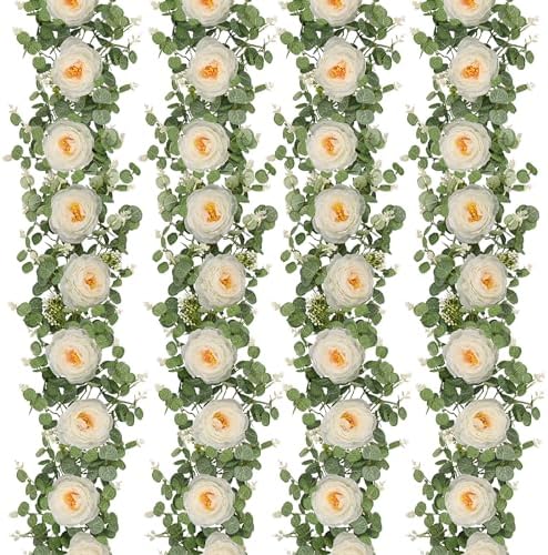 Dolicer 4Pcs 26Ft Artificial Eucalyptus Garlands with Flowers, Faux Floral Greenery Garlands Fake Flowers Vines for Wedding Table Centerpieces Arch Party Ceremony Backdrop Decor (White) by DolicerLANDSCAPEQ