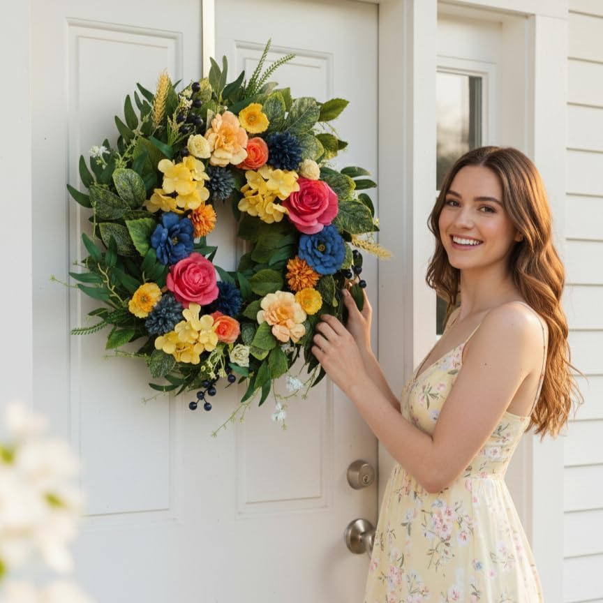 Summer Wreaths for Front Door, 22 Inch Summer Wreath with Roses & Hydrangeas, Outdoor Floral Wreath for Summer Door Decor - Image 2