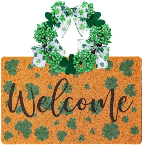 Drydiet St. Patrick's Day Decoration Set Include Non Slip Welcome Clover Imitation Coir Doormat Irish Green Shamrock Wreath with Bow for Spring Outdoor Front Door Entrance Home Wall Window Porch Decor by Drydiet