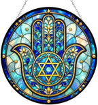 Hamsa Star of David Stained Glass Window Hanging 9.8" by HYPESTYLE