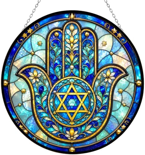 Hamsa Star of David Stained Glass Window Hanging 9.8" by HYPESTYLE