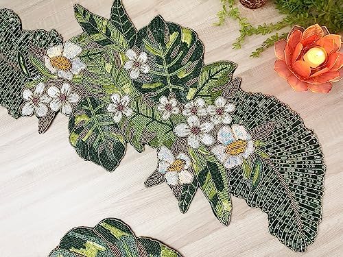 Enliven Floral Beaded Table Runner 13 x 36 Inch, Handmade Flower & Leaf Spring Table Runner, Green Botanical Centerpiece for Dining Table, Easter, Wedding, Garden Party & Home Decor - Image 2