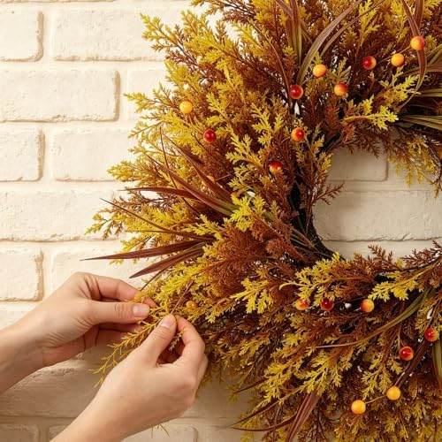 28'' Fall Wreaths for Front Door, Autumn Cypress Wreath with Reed Grass,Red Berries, Fall Door Wreath for Home Farmhouse Wall Window Decor for Thanksgiving, Halloween, Harvest Festival - Image 2