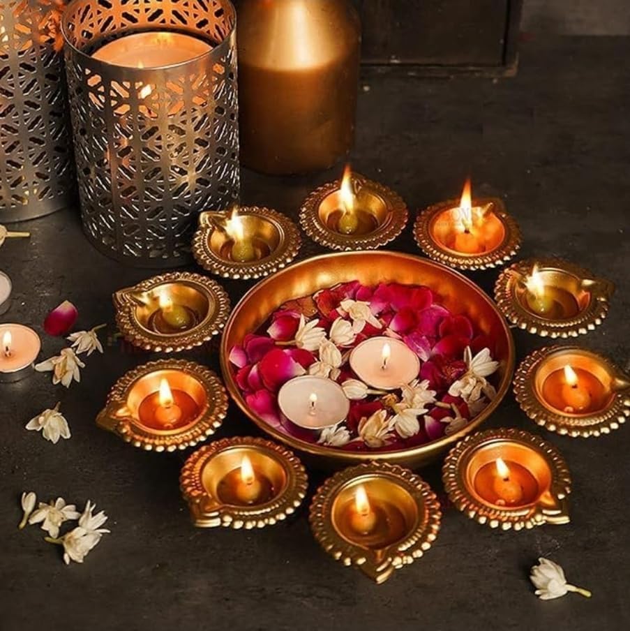 Diwali Diyas |Urli |Handcrafted Metal Decorative Bowl for Floating Flowers |Tea Light Candle Holders |Diwali Decorations |Diwali Candles (10 Diya Urli) - Image 2