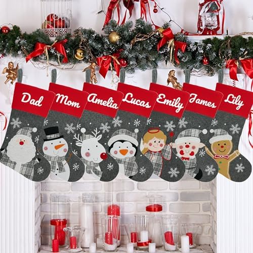 Set of 7, 18" Dia Personalized Gray Christmas Stockings with Embroidery Names, with Holders,Quality Thick Fleece Material Stockings for Family Décor(Set of 7-B) - Image 5