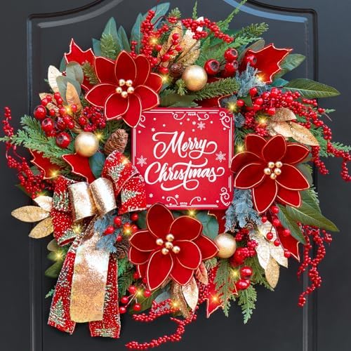 Christmas Wreath with Lights, 24 Inch Lighted Christmas Wreath for Front Door, Winter Wreath with LED Lights, red Berries, Pinecones, Gold Ball, Red Bow, Merry Christmas Sign for Indoor or Outdoor by PureCosy