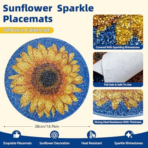 15" Sunflower Rhinestones Placemats Set of 4, Round,Blue Yellow - Image 4