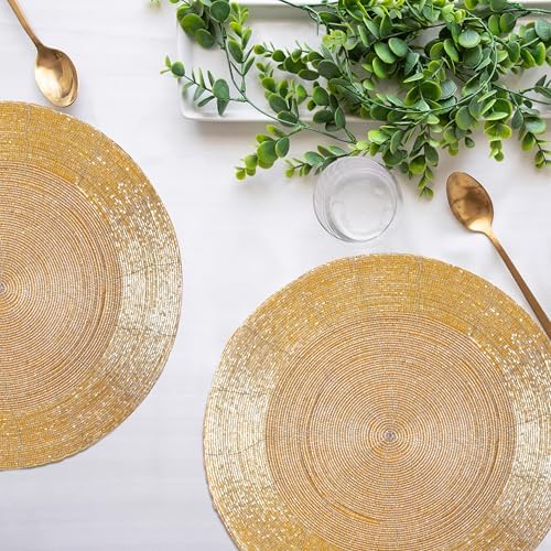 Lightnpro Handmade Beaded Placemats Set of 4 – 13 Inch Round Champagne Charger Mats | Handcrafted Artisan Table Accessories, Elegant Decorative Dining Table Décor for Weddings, Holidays & Parties - Image 2