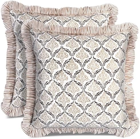 CPC Sandstone Regal Hand Block Print 100% Cotton Ruffle Throw Pillow Cover 24x24 inch with Hidden Zipper Decorative for Couch, Bed, Sofa, Farmhouse, Cottagecore Decor Gift Christmas Fall Thanksgiving by COTTONPRINTCLUB