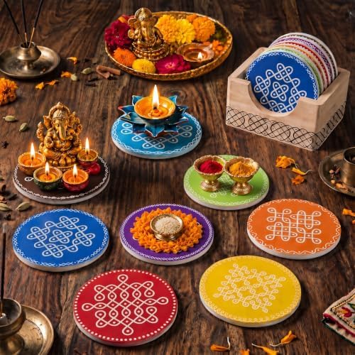 16 Pcs Indian Return Gifts Mini Kolam Ceramic Round Pooja Stand, Multicolor - Image 5
