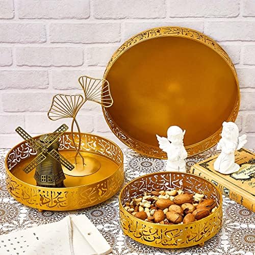Ramadan Serving Trays - 3 Pieces Iron Gold Round Platter, 3 Sizes Eid Candy Dish, Muslim Pastry Snacks Dessert Holder for Ramadan Mubarak Party Supplies Home Decor - Image 3