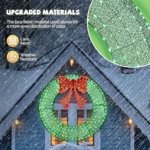 VINGLI 60 Inch Pre-lit Large Christmas Wreath, Outdoor Christmas Wreath with 400 LED Lights for Garage, Windows, Christmas Door Wreath Decorations with Red Bow, Timer Remote Control, Plug-in, Green - Image 4