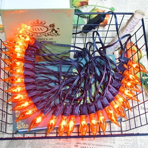 27.8Ft Fall Decor Flickering Flame String Lights Orange Halloween Lights with 25+2 Pack C7 Orange Flame Light Bulbs, Flame String Lights for Fall Halloween Decorations for Home Mantel Party Garden by PASUTO