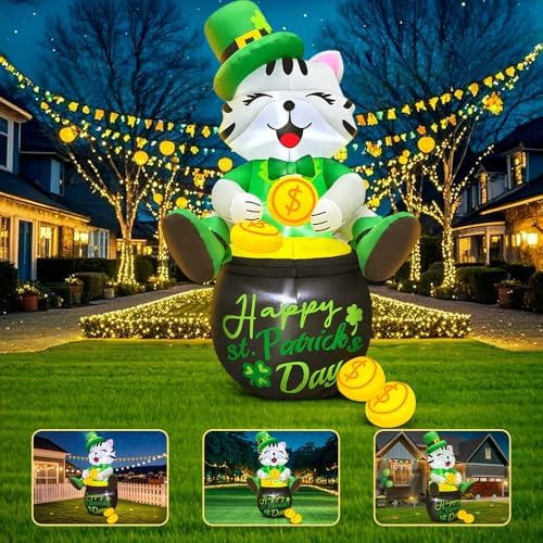 KOOY 4FT St Patricks Day Inflatables Outdoor Decorotion, Happy Saint Patricks Day Blow Up inflatables Cat with Leprethaun Hat Sit on Gold Pot, Patrick Decorations for Holiday Party Garden Lawn Décor - Image 3