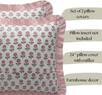 Set of 2 Pillow Covers with Ruffles 24x24 inch Floral Pillow Covers Pink Farmhouse Pillow Covers for Girls Room Nursery Couch Throw Pillow Covers Boho Home Decorative Pillow for Spring - Image 2