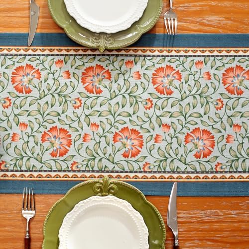 Laolitou Designer Vintage Blue Elegant Floral Linen Table Runner, Farmhouse Cottage Rustic Table Runners, Wrinkle Resistant Table Decoration for Kitchen Dining and Coffee Tables Banquet 13x72 Inches - Image 4