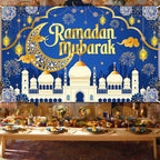 Mocsicka Ramadan Mubarak Decorations Backdrop Blue Gold Muslim Ramadan Kareem Banner Eid Mubarak for Home Muslim Party Supplies (Blue, 8x6ft) - Image 3